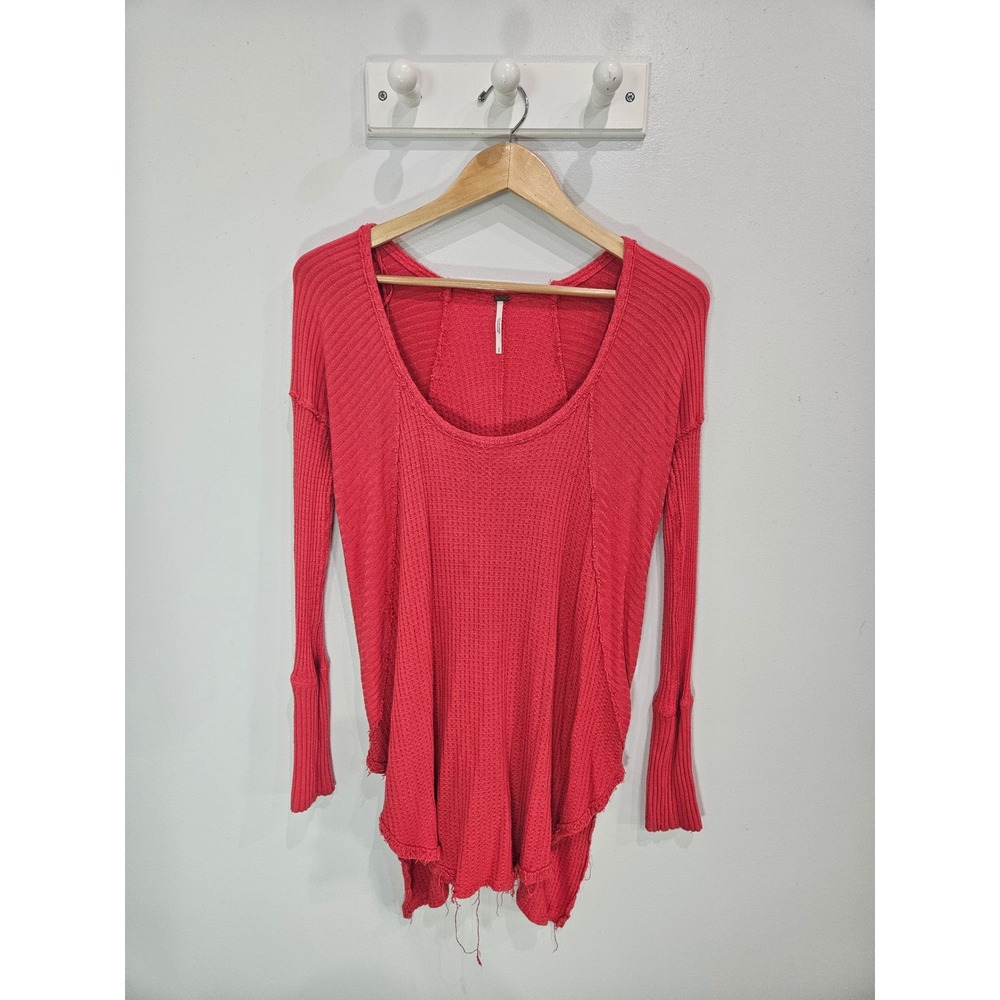 Free People We The Free Coral Red Waffle Knit Scoop Neck Thermal Tunic Small